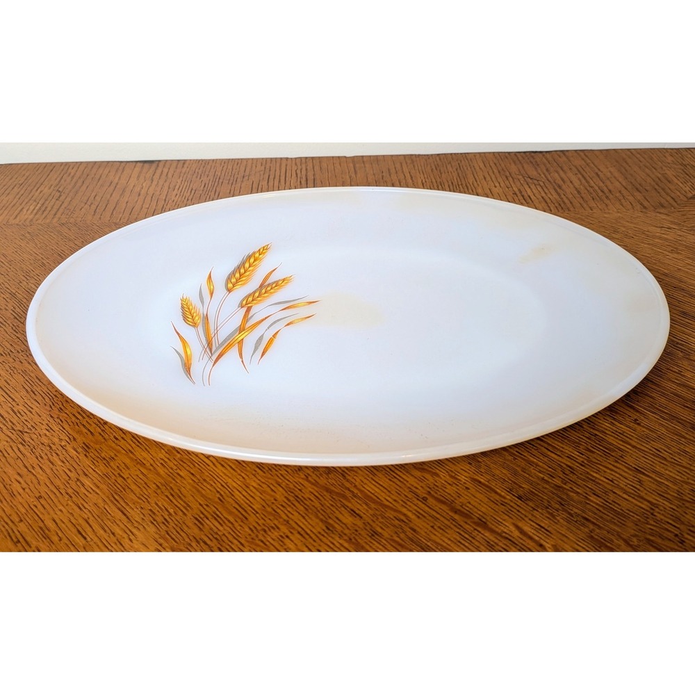 Vintage FireKing Milk Glass Wheat Serving Platter 12x9